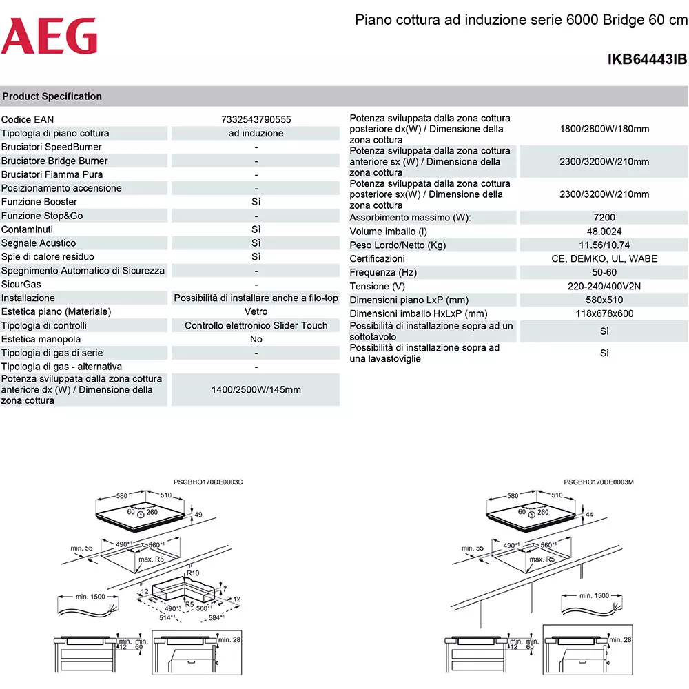 IKB64443IB AEG Specifiche Piano cottura a induzione